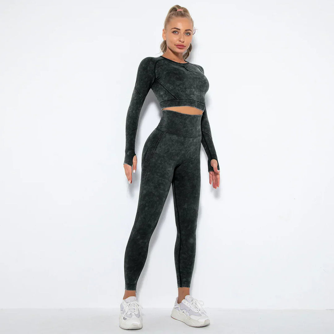Damen Sport-Set, schwarz, langärmelig, nahtlos, für Fitness, Yoga, atmungsaktiv.