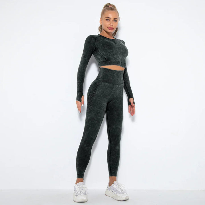Damen Sport-Set, schwarz, langärmelig, nahtlos, für Fitness, Yoga, atmungsaktiv.