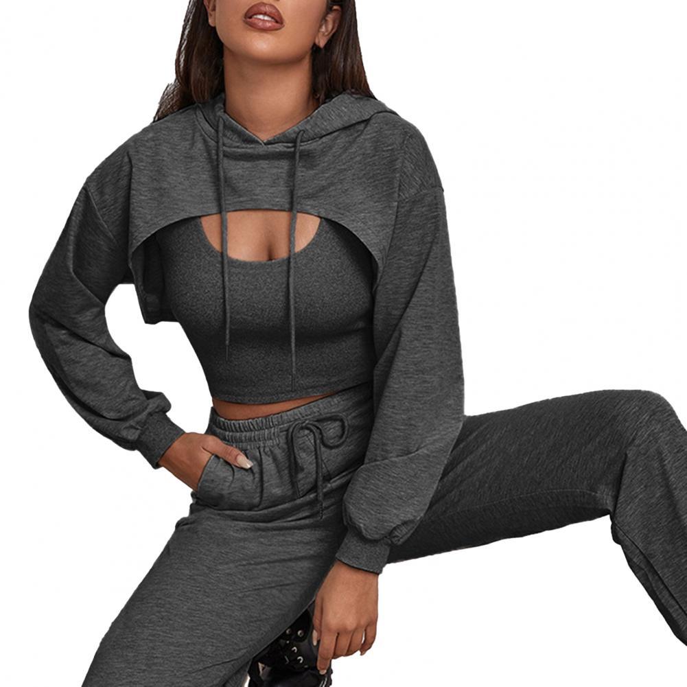 Damen Zweiteiler Set, grauer Hoodie und Jogginghose, Freizeitmode, bequem, sportlich.