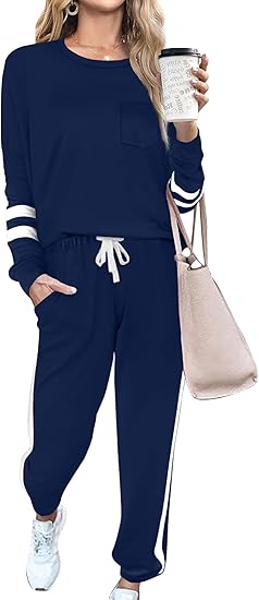 Damen Jogginganzug blau, langärmelig, mit Streifen, Kordelzughose, Freizeitmode.