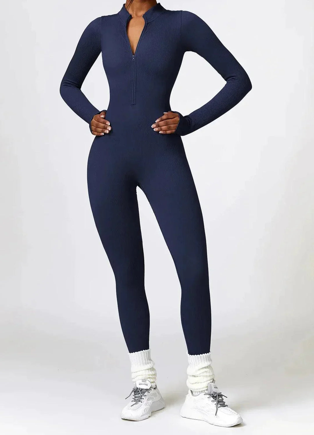 Damen Jumpsuit, dunkelblau, langärmelig, Reißverschluss, Sportbekleidung, bequem, elastisch