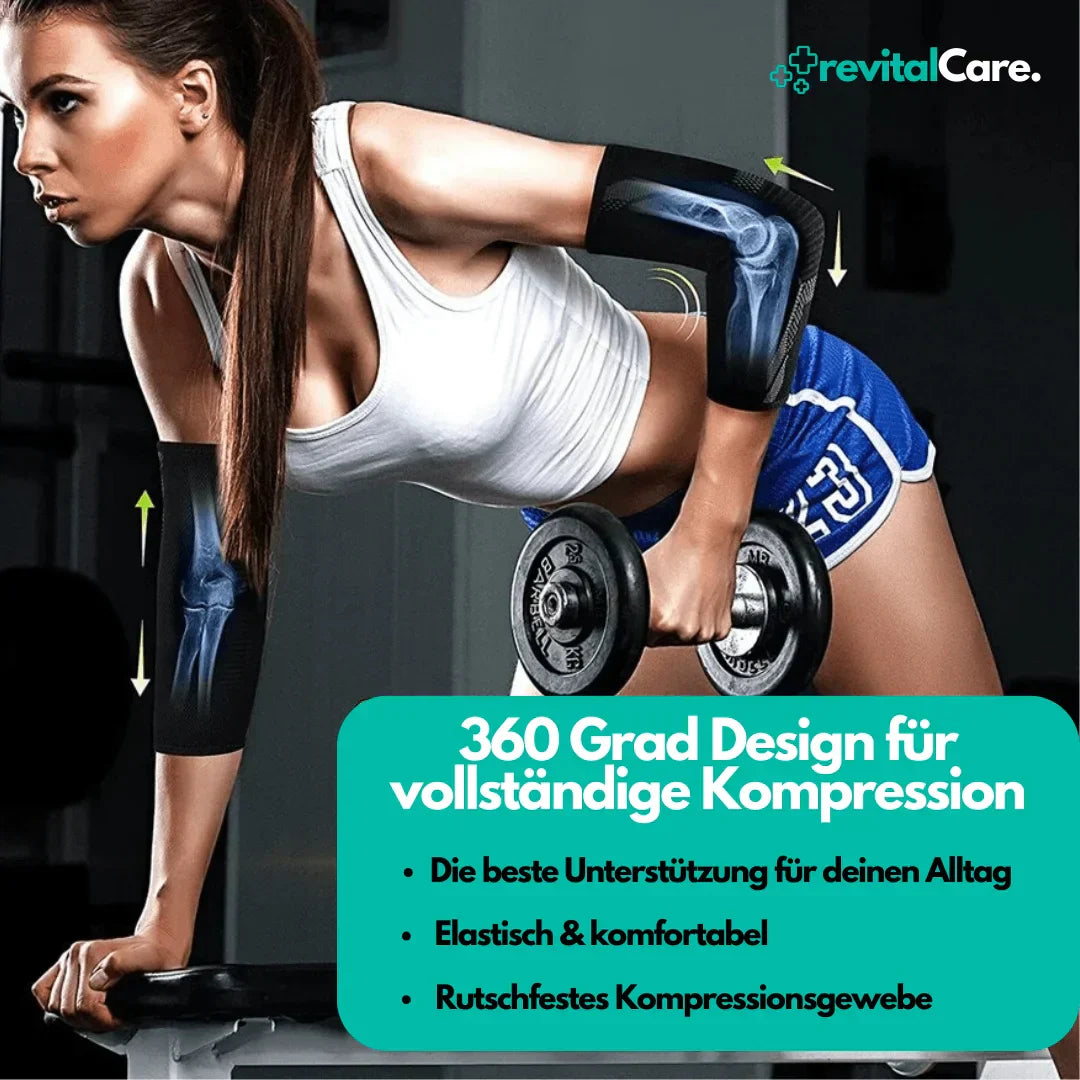 Frau trainiert mit Hanteln, trägt blaue Kompressionsärmel, Fitness, Sportbekleidung, Elastisch.