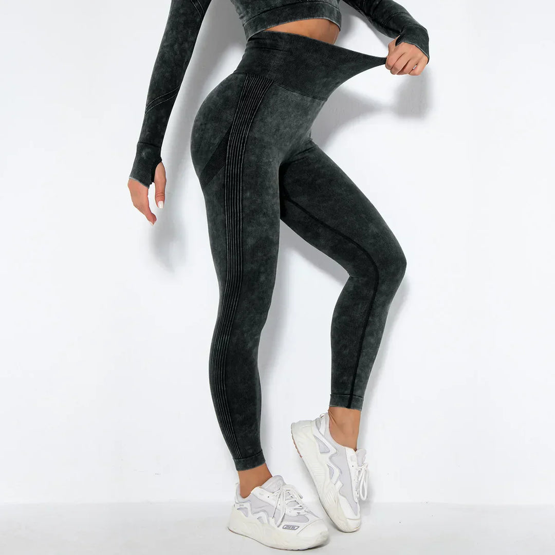 Damen Sport-Leggings, schwarz, nahtlos, hoher Bund, Fitness, elastisch, bequem.