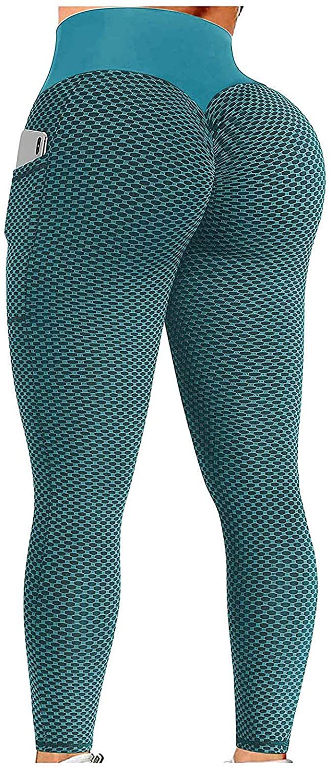 Damen Sportleggings, blau, hoher Bund, Scrunch-Design, mit Tasche, Fitnessmode.
