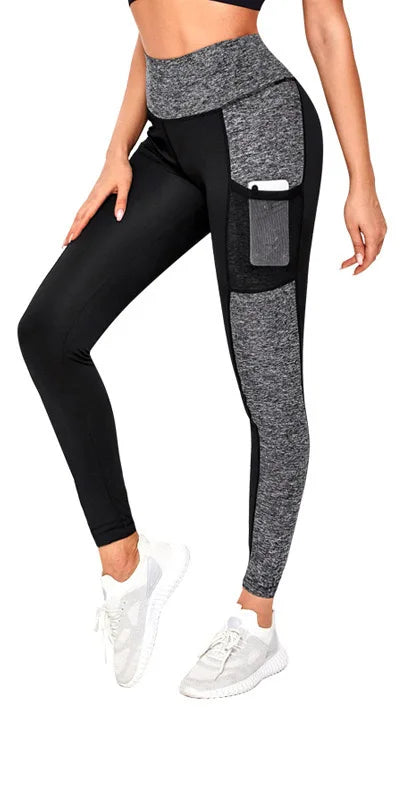 Damen Sportleggings mit Tasche, schwarz-grau, hoher Bund, atmungsaktiv, für Fitness.