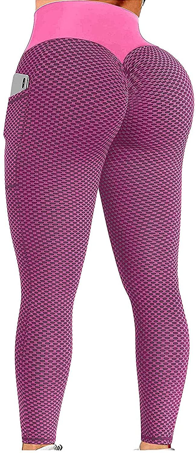 Damen Sportleggings pink, hohe Taille, Handy-Tasche, nahtlos, Fitness, Yoga, elastisch.