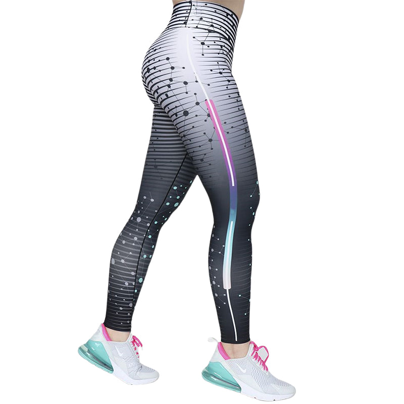 Damen Sportleggings schwarz-weiß, geometrisches Muster, atmungsaktiv, Fitnessmode.