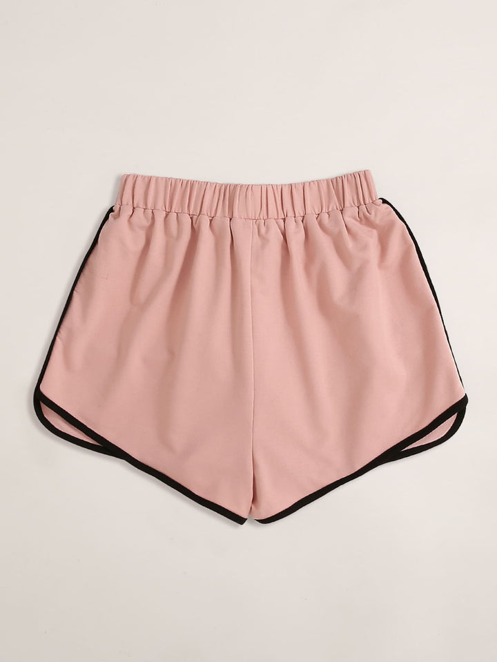 Rosa Damen-Shorts mit schwarzem Rand, elastischer Bund, Sportbekleidung, bequem.