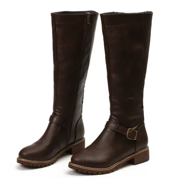 Damenstiefel braun Leder, kniehoch, Reißverschluss, Schnalle, Herbstmode, bequem.