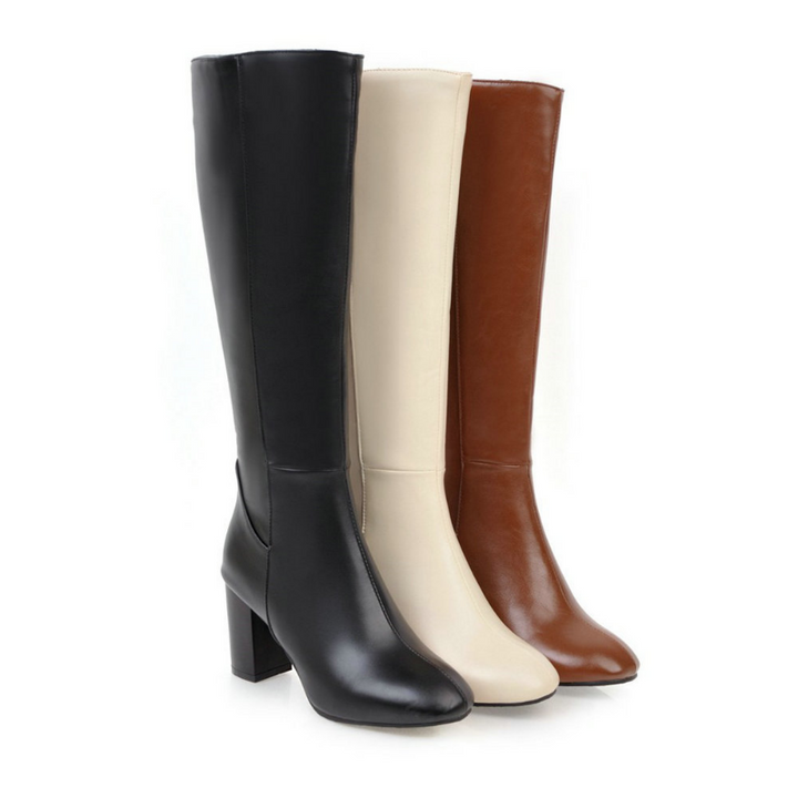 Damenstiefel mit Absatz, schwarz, beige, braun, Leder, elegant, Reißverschluss, modisch.