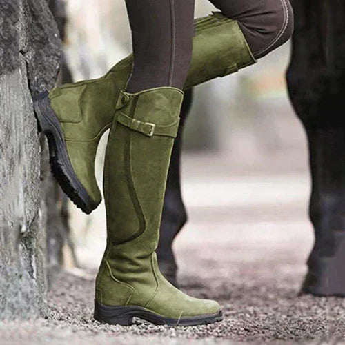 Grüne Damenstiefel aus PU-Leder mit Reißverschluss, retro, lässig, niedriger Absatz.