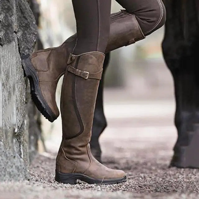 Damenstiefel aus PU-Leder, braun, Reißverschluss, retro, lässig, niedriger Absatz, modisch.