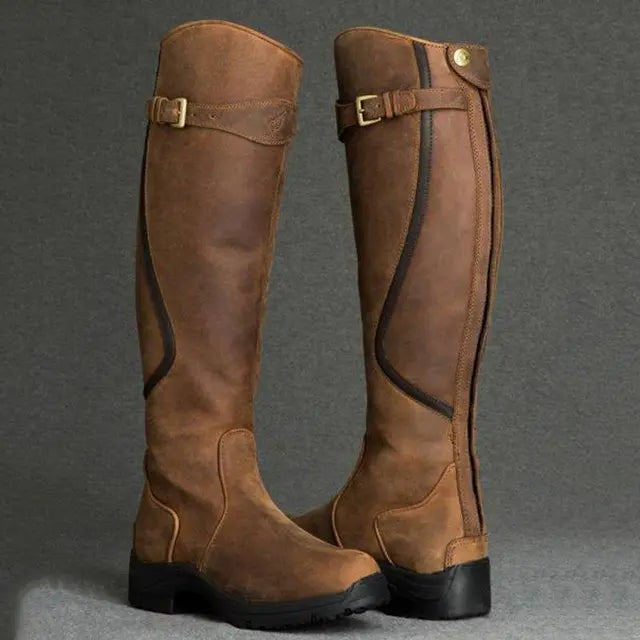 Braune Damenstiefel aus PU-Leder, Reißverschluss, Retro-Design, niedriger Absatz, modisch.