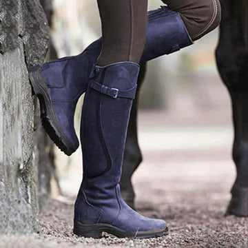 Damenstiefel aus blauem PU-Leder, Reißverschluss, retro, lässig, niedriger Absatz, modisch.