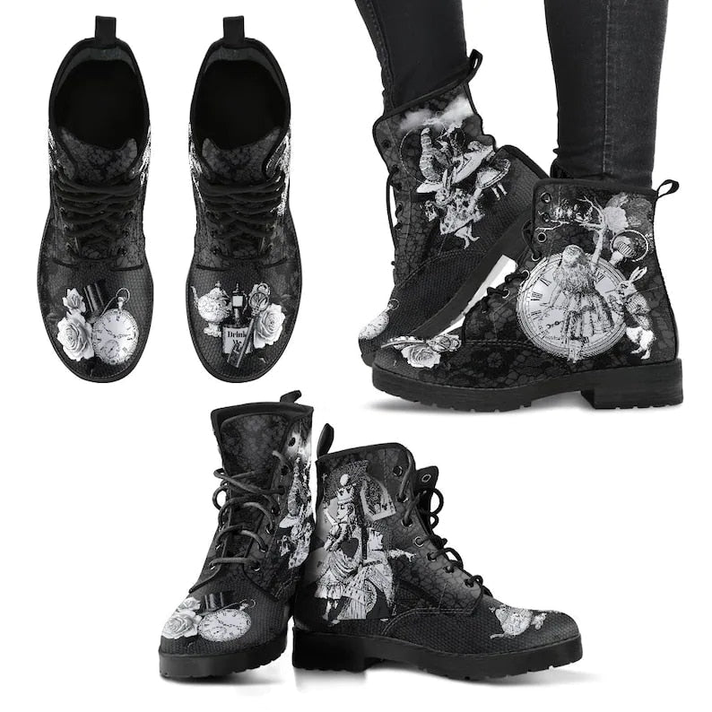 Schwarze Damenstiefel mit Vintage-Uhren- und Rosenmuster, Schnürung, modisch, einzigartig.