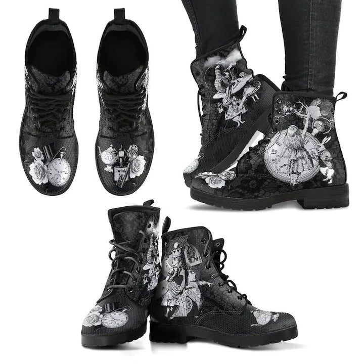 Schwarze Damenstiefel mit Vintage-Uhren- und Rosenmuster, Schnürung, modisch, einzigartig.