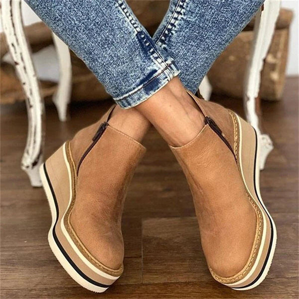 Damen Stiefeletten, braun, Leder, Keilabsatz, Reißverschluss, modisch, bequem, Herbstschuhe.