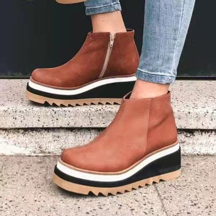 Damen Stiefeletten, braun, Leder, Plateau, Reißverschluss, modisch, Herbstschuhe, bequem.