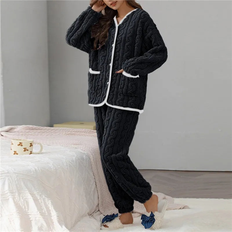 Damen Pyjama Set, schwarz, Strick, gemütlich, mit Taschen, für Herbst/Winter, Homewear.