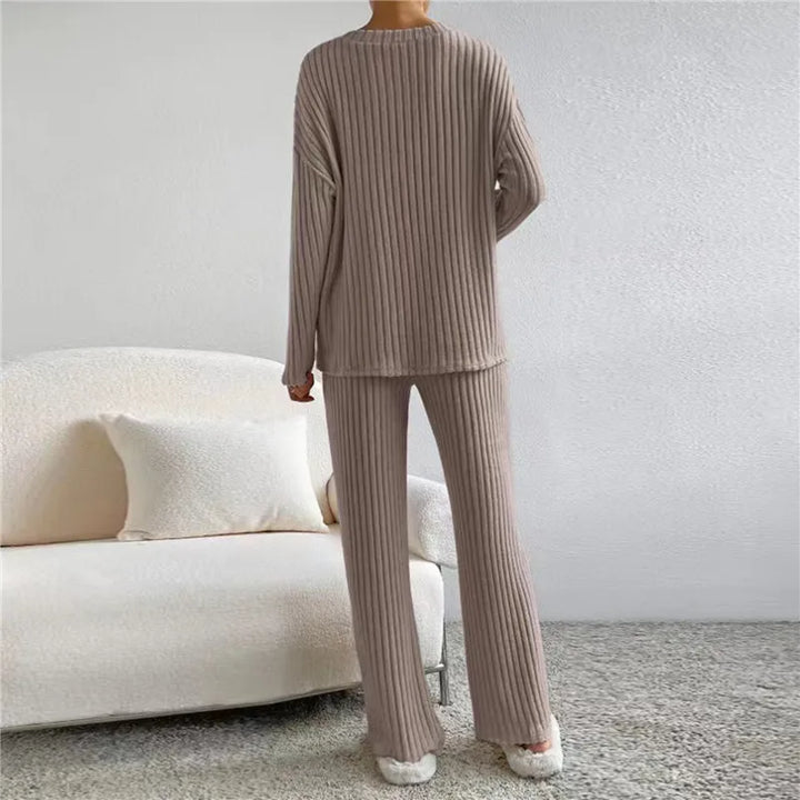 Damen Strickset Beige, Loungewear, Rippstrick, Langarm, Hose, Gemütlich, Modetrend 2023