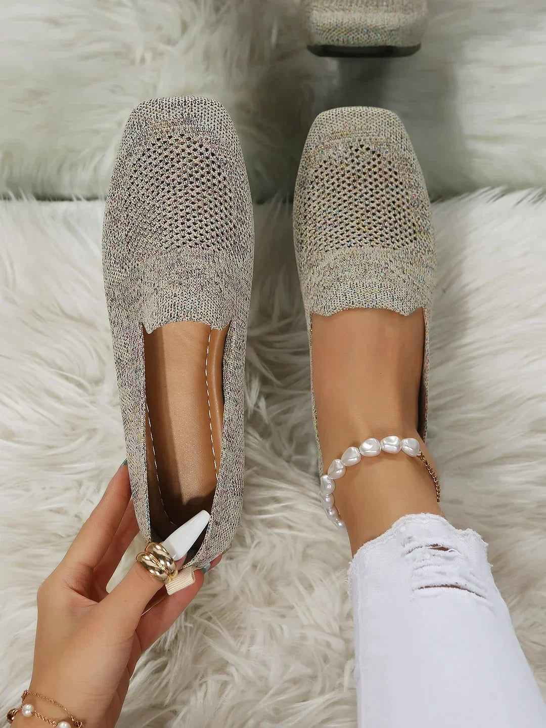 Damen Mokassins beige Strick, bequem, atmungsaktiv, modisch, ideal für Alltag und Freizeit.