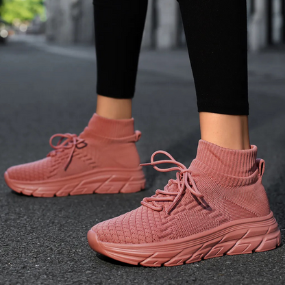 Rosa Damen-Sneaker, gestricktes Material, bequem, modisch, ideal für Freizeit und Sport.