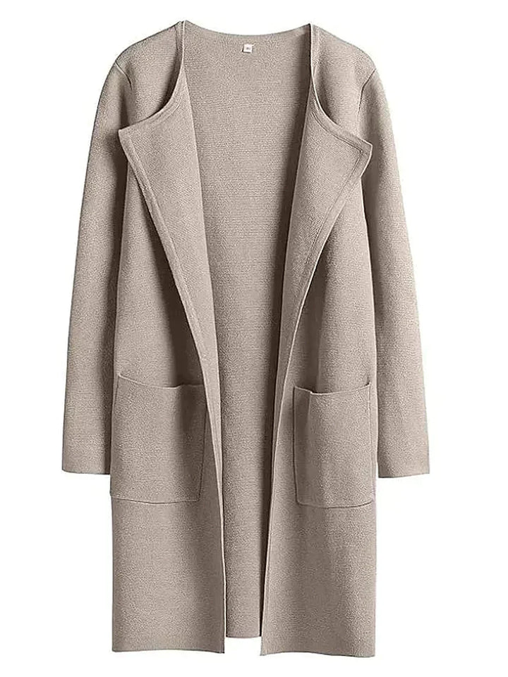 Beiger Damen-Cardigan aus Wolle, offenes Design, lange Ärmel, Taschen, modisch und warm.