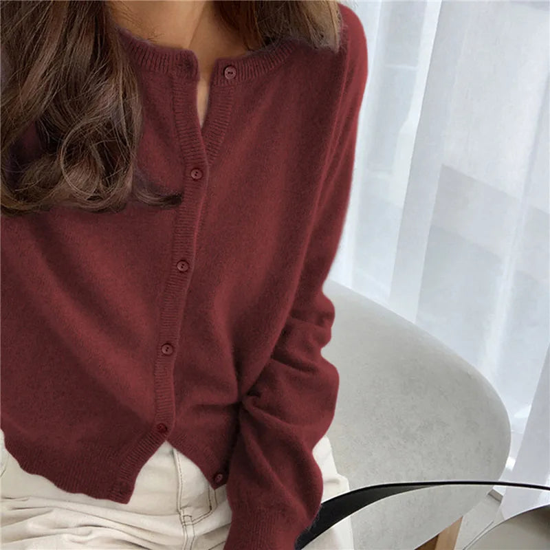 Damen Strickjacke, weinrot, O-Ausschnitt, lange Ärmel, Knöpfe, lässig, Frühling Herbst.