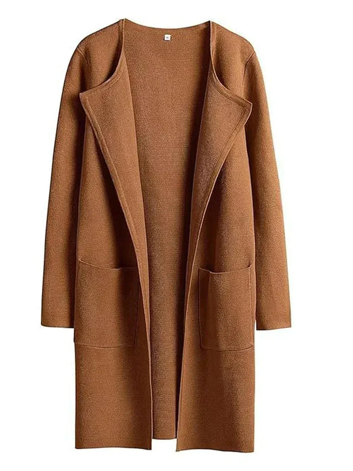 Brauner Damen-Cardigan aus Wolle, offenes Design, lange Ärmel, modisch und elegant.