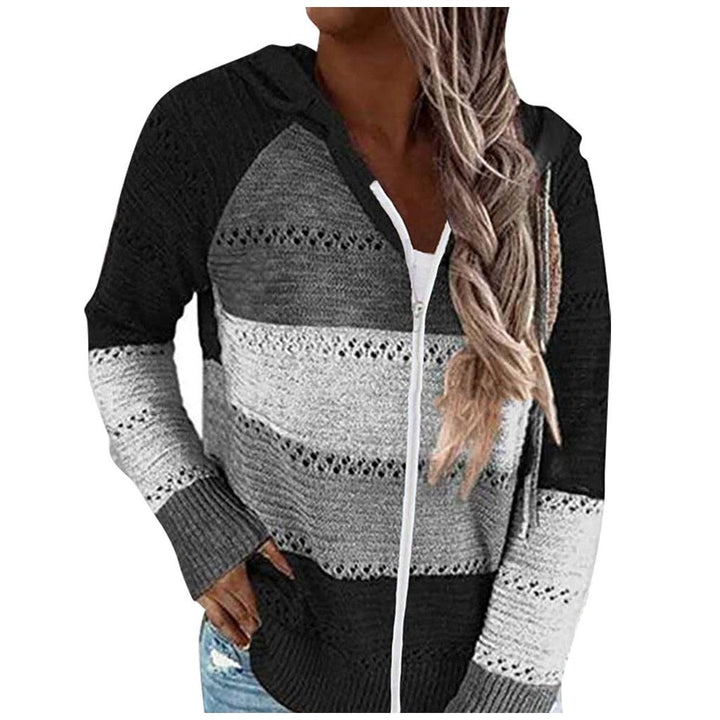Damen Strickjacke mit Kapuze, gestreift, schwarz-grau, Reißverschluss, lässig, modisch