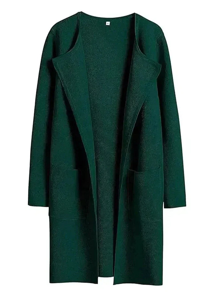 Damen-Cardigan grün, lang, offener Stil, Taschen, Strick, modisch, bequem, Herbstmode.