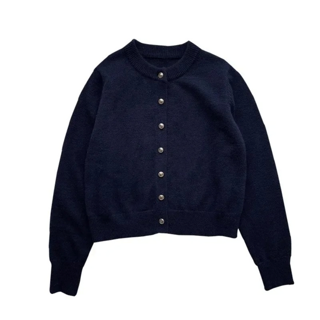 Dunkelblauer Strick-Cardigan mit Rundhalsausschnitt und Knöpfen, Damenmode, Herbstbekleidung.