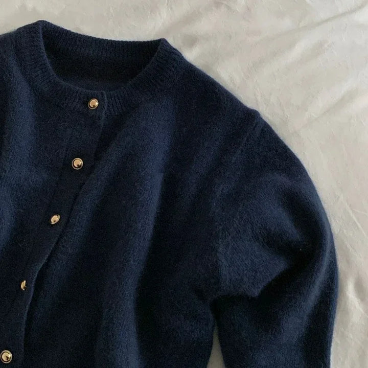 Damen Strickjacke 2023, dunkelblau, Rundhals, Knöpfe, lockerer Schnitt, Frühlingstrend.
