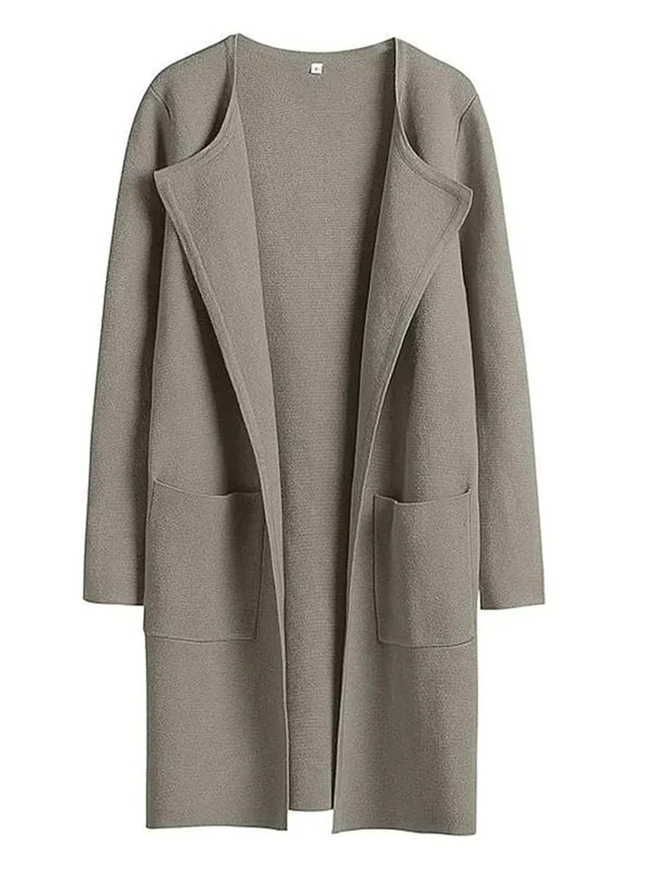 Damen Cardigan beige, offener Schnitt, Taschen, Strick, modisch, bequem, Herbstmode.