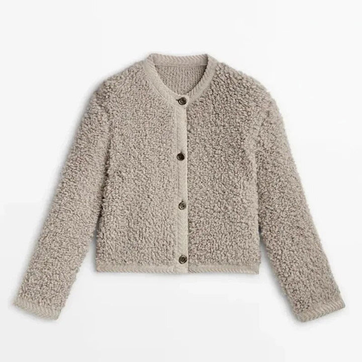 Beige Damen Strickjacke aus Fleece, Knopfleiste, warm, modisch, Herbst-Winter-Bekleidung.