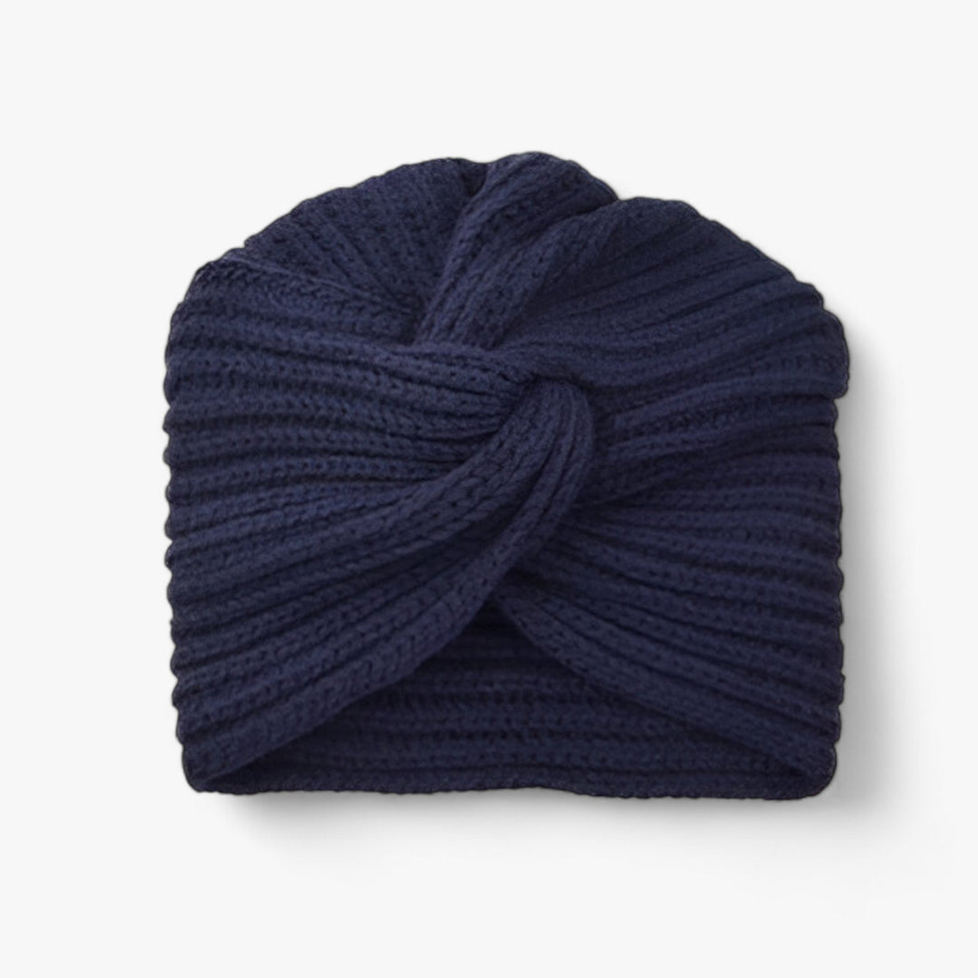 Dunkelblaues Strick-Stirnband, Damenmode, Winteraccessoire, warm, elegant, modisch.