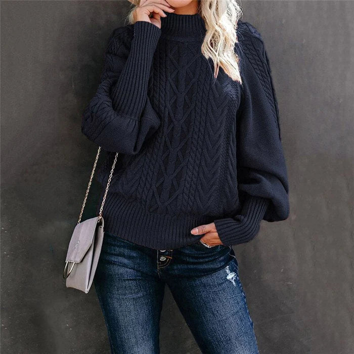 Damenpullover mit hohem Kragen, dunkelblau, Strick, modisch, warm, Herbstmode.