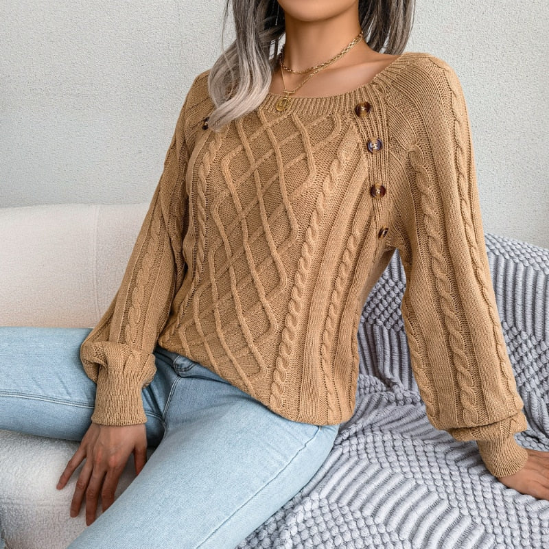 Damen Pullover beige Zopfmuster, Knöpfe, Strickmode, Herbst Winter, lässig, gemütlich