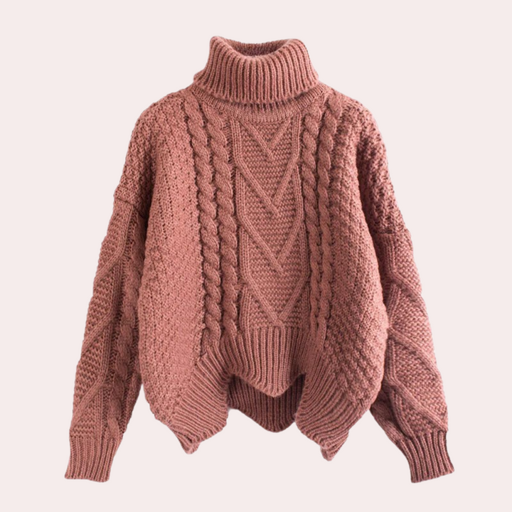 Rosa Strickpullover Damen, Zopfmuster, Rollkragen, Wintermode, gemütlich, warm, modisch.
