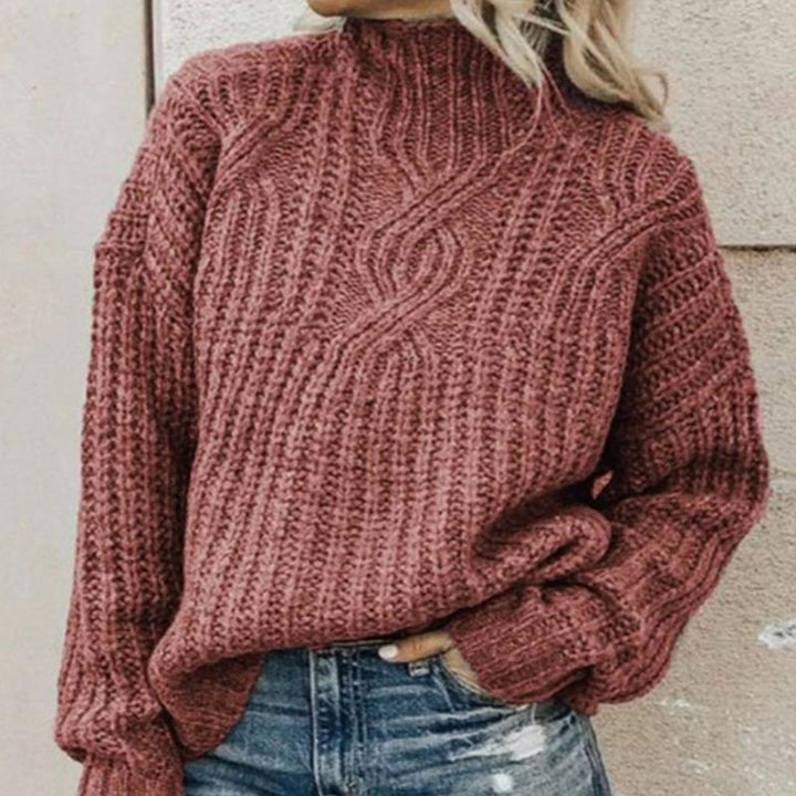 Roter Strickpullover Damen, Zopfmuster, Rollkragen, lässig, Herbstmode, gemütlich, warm.