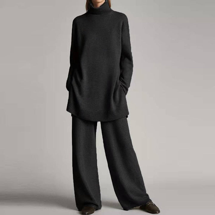 Damen Pullover Set, dunkelgrau, Strick, Rollkragen, lässig, bequem, Herbstmode.
