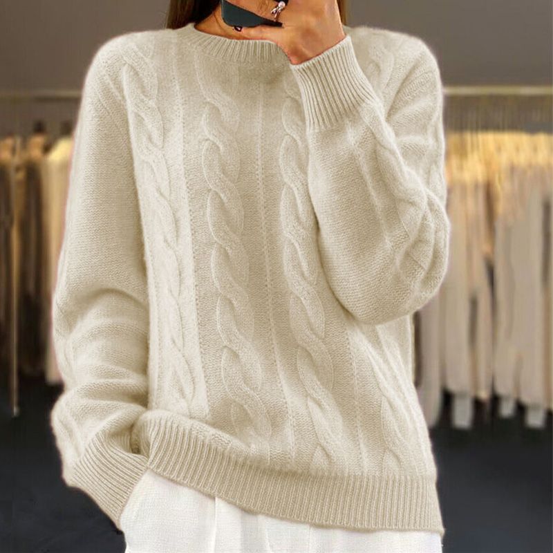 Damen Pullover, cremefarben, Zopfmuster, Strick, Wintermode, warm, elegant, gemütlich.