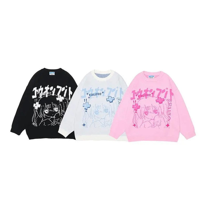 Drei Anime-Pullover in Schwarz, Weiß und Rosa mit Grafikdruck, Unisex, Baumwolle.