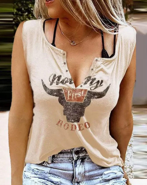Damen Tanktop mit Stierkopf-Print, beige, ärmellos, lässig, Baumwolle, Sommermode.