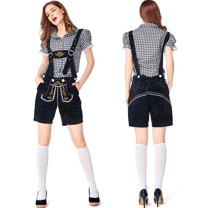 Damen Trachten-Lederhose schwarz, kariertes Hemd, Oktoberfest-Outfit, traditionell, elegant.
