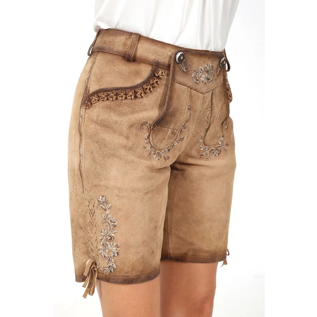 Damen Lederhose kurz, beige, Stickerei, Trachtenmode, Oktoberfest, traditionell, bayerisch.
