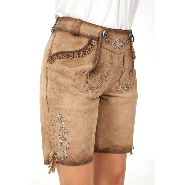 Damen Lederhose kurz, beige, Stickerei, Trachtenmode, Oktoberfest, traditionell, bayerisch.