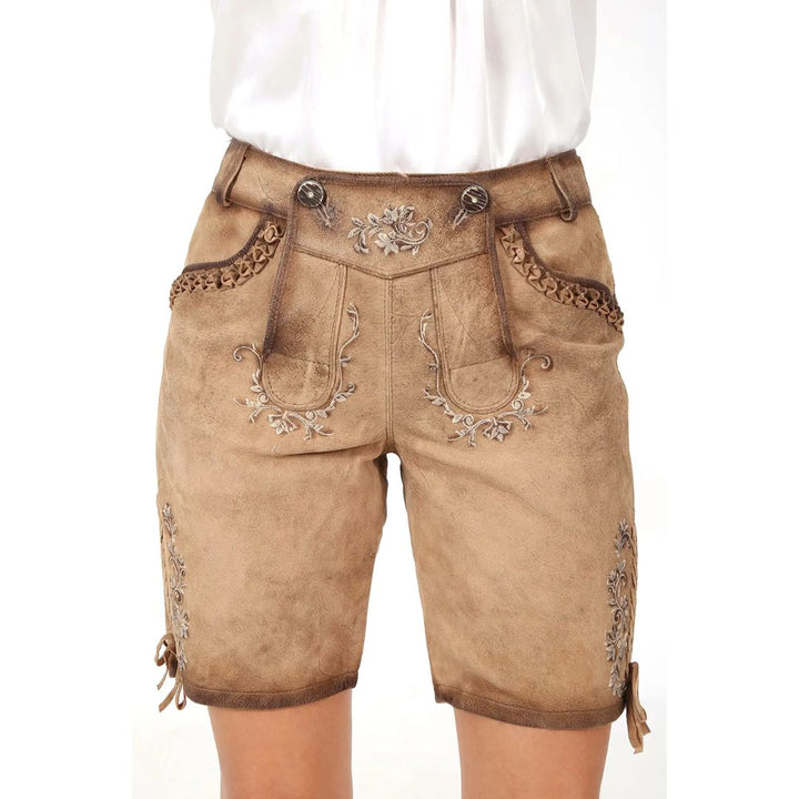 Damen Lederhose Braun, Stickerei, Trachtenmode, Oktoberfest, traditionell, Kniebundhose.