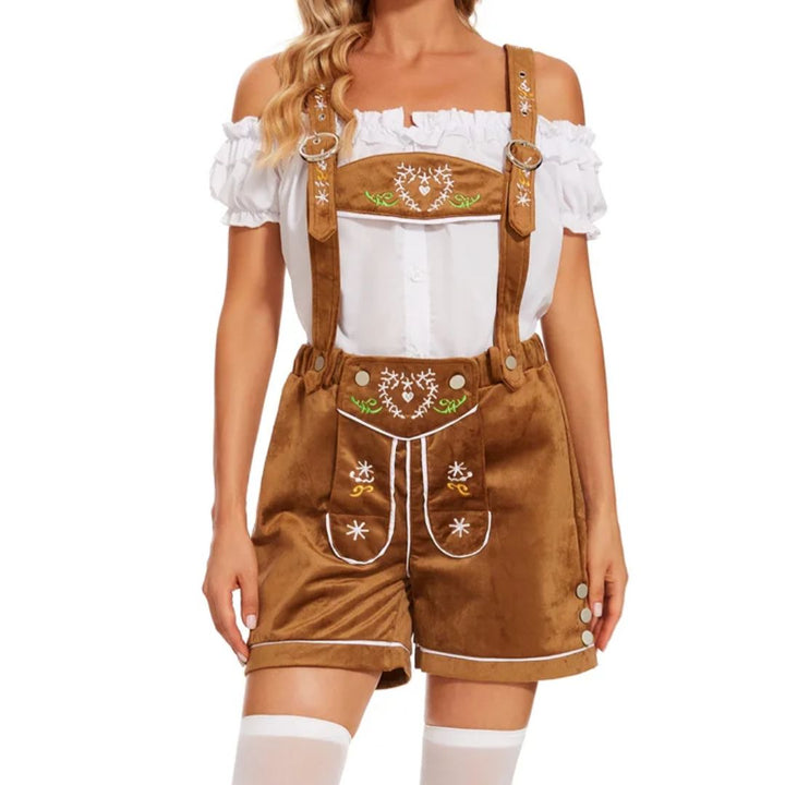 Damen Trachten-Lederhose braun, bestickt, mit Hosenträgern, Oktoberfest-Outfit, Baumwollbluse.