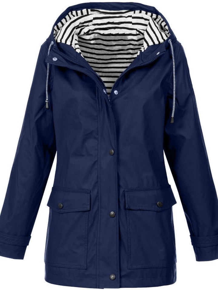 Damen-Trenchcoat 2023, blau, Kapuze, lange Ärmel, gestreiftes Futter, Herbstmode.